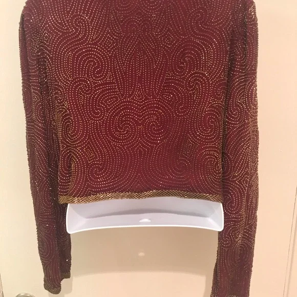 Niteline Della Roufogali SILK Wine/ Gold BEADED CROPPED EVENING JACKET! - Picture 3 of 15